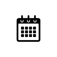 Simple black calendar icon with three rings at the top and a grid of squares, representing days, on a white background.