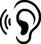 Black and white drawing of a human ear with sound wave lines to the left, indicating listening or hearing.