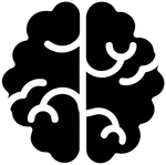 Black and white illustration of a brain, shown from above, with stylized curved lines representing the folds and two hemispheres clearly divided down the center.