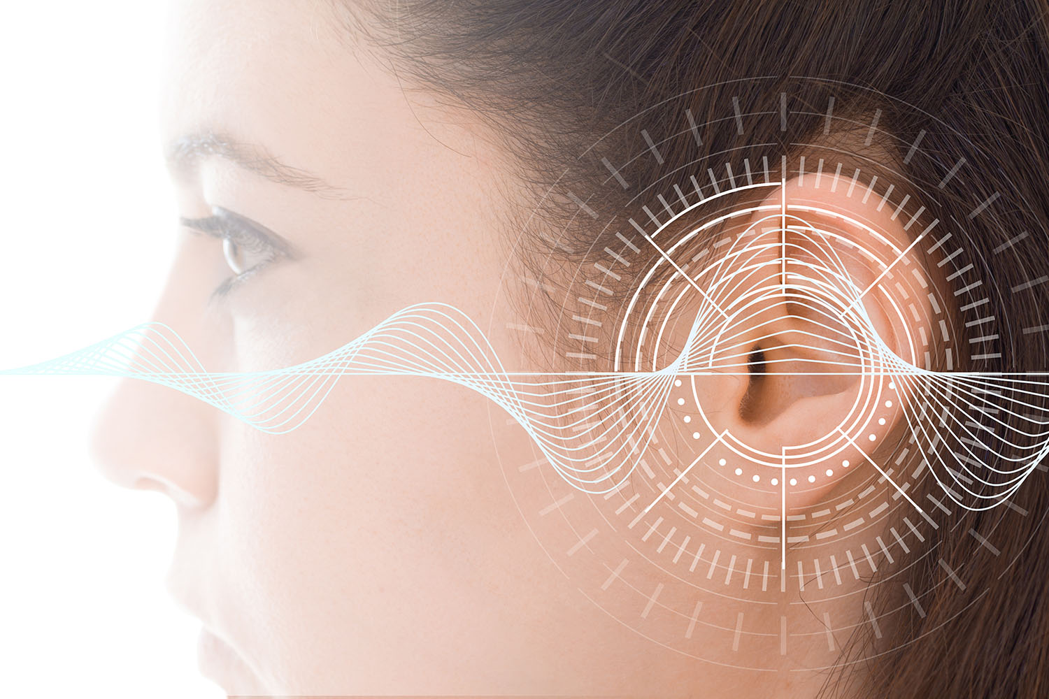 A close-up of a womans ear with digital graphics and sound waves overlayed, symbolizing hearing, sound technology, or auditory science.
