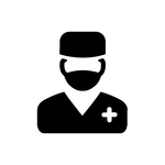 Black and white icon of a medical professional wearing a cap, mask, and scrubs with a cross symbol on the chest.